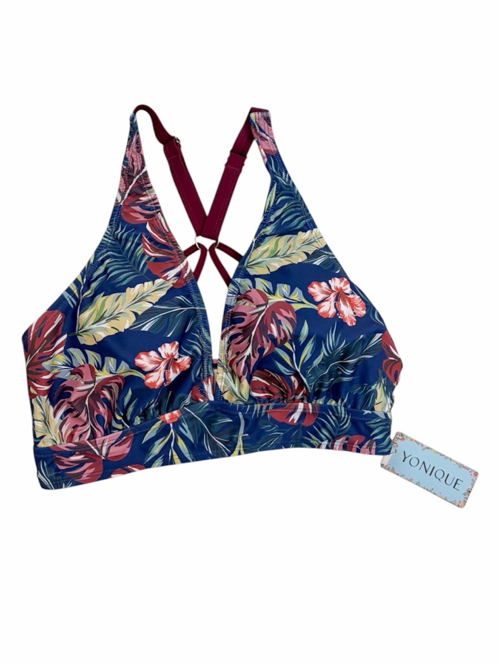 NWT Yonique Maroon Topical Leaf Active Sport Bikini Top